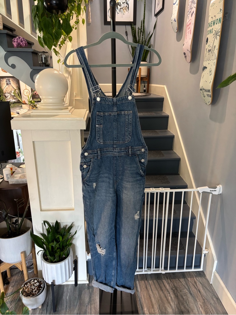 H&M Classic Blue Distressed Denim Overalls - Women's Straight Leg Fit
